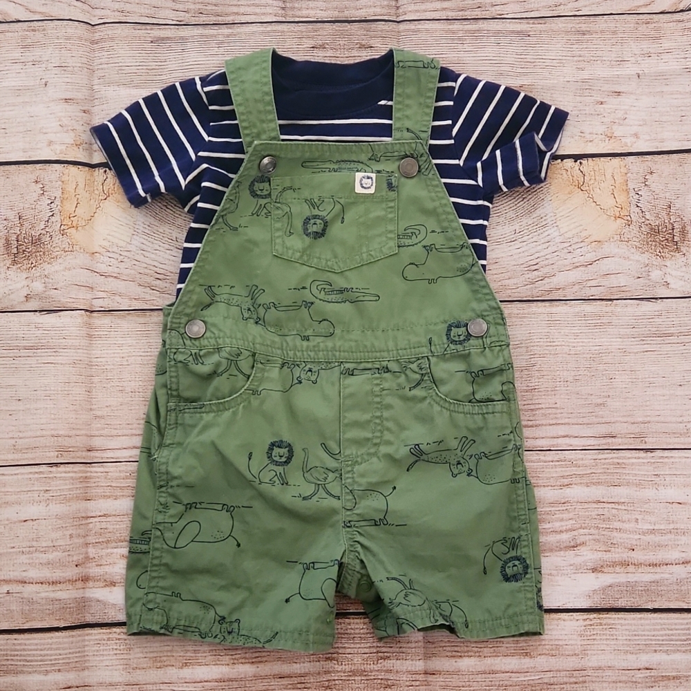 Carters 18 months overall green with striped blue shirt outfit